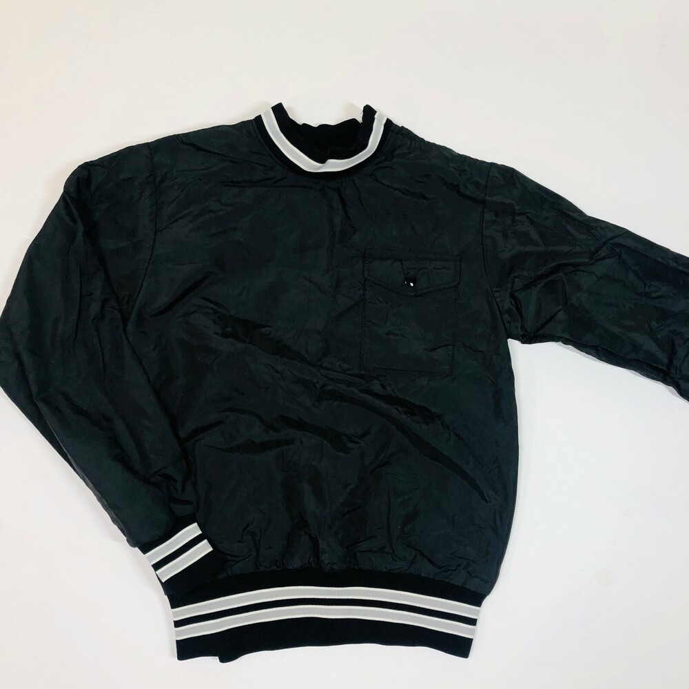Vintage Nylon Stripe Pocket Pull Over Jersey Lined Coach's Jacket Black & Grey